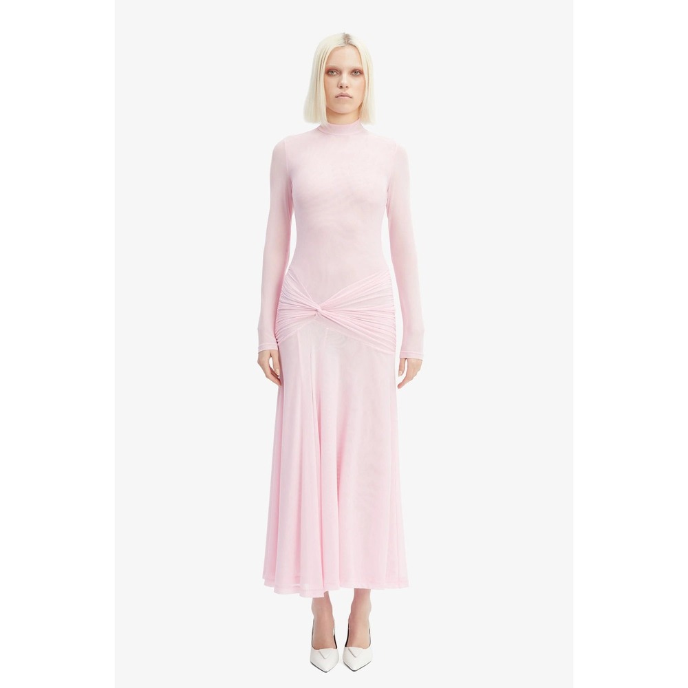 Bardot Lea Mesh Midi in Light Pink Mock Neck Twist Front Slit Ruched Size Lg